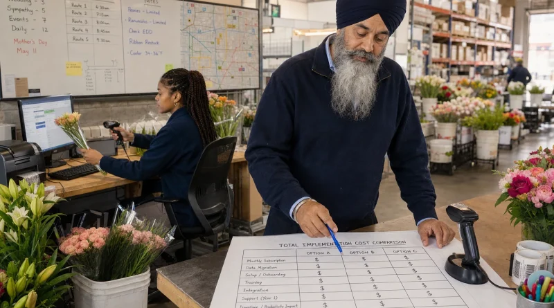 A floral distribution business owner comparing subscription, migration, setup, training, integration, support, and downtime costs