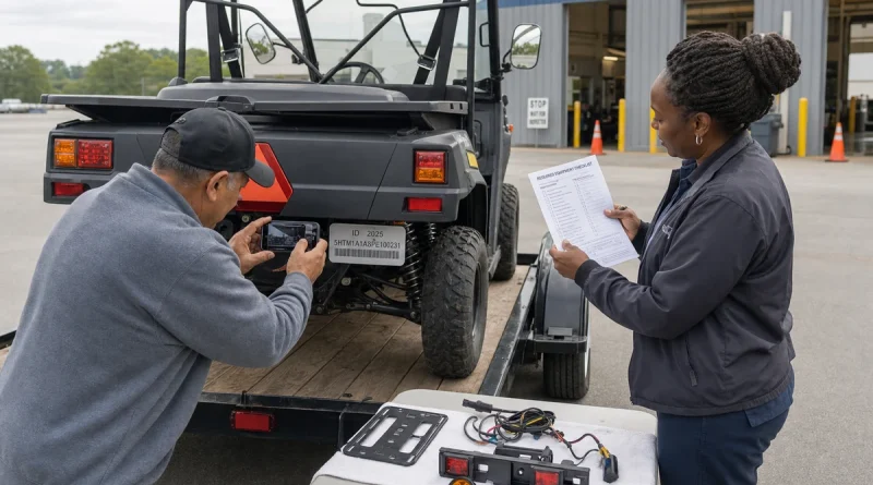 Owner and vehicle inspector checking identification and required road equipment on a utility vehicle