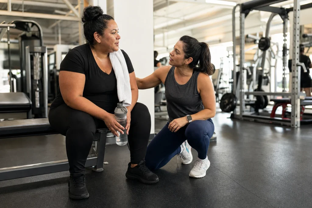 A woman rests safely on a gym bench while a workout partner checks on her