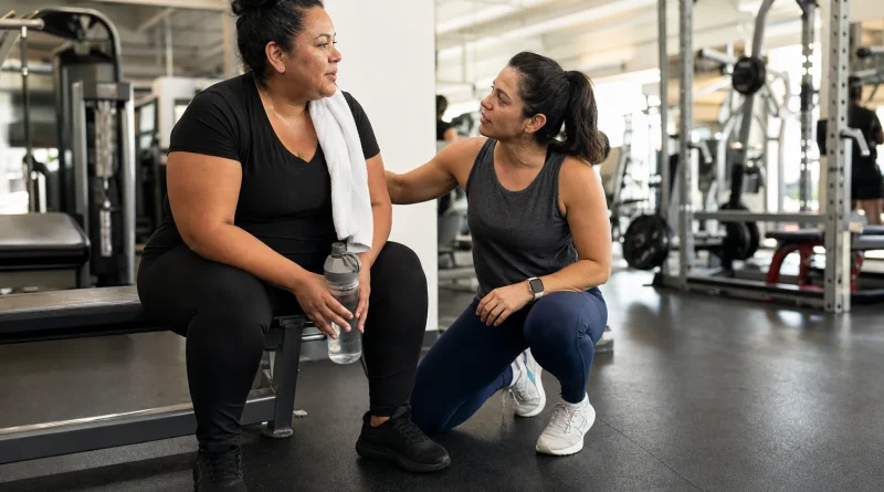 A woman rests safely on a gym bench while a workout partner checks on her