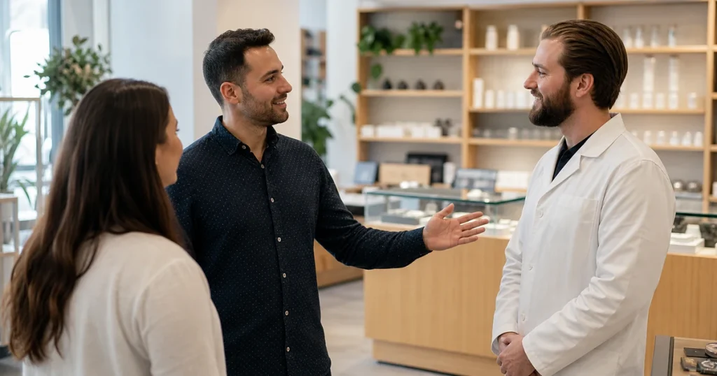 Returning customer introducing a new visitor to a trusted dispensary staff member