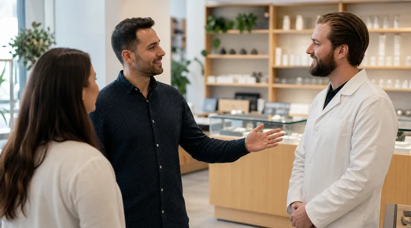 Returning customer introducing a new visitor to a trusted dispensary staff member