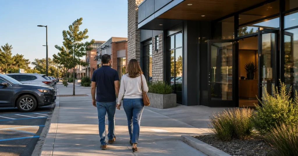 Two adults approaching an easy-to-find local dispensary storefront