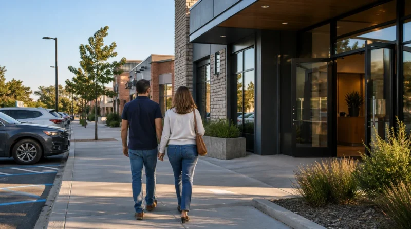 Two adults approaching an easy-to-find local dispensary storefront