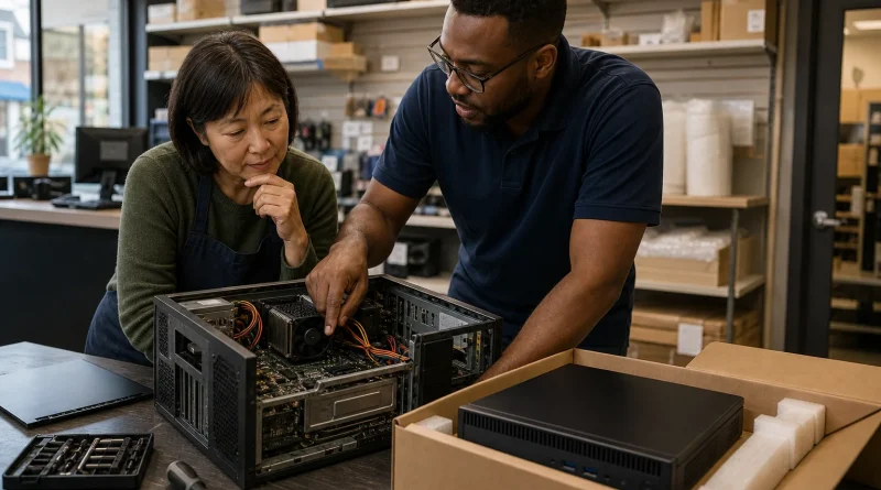 A small-business owner and computer technician comparing an aging desktop with a new compact computer