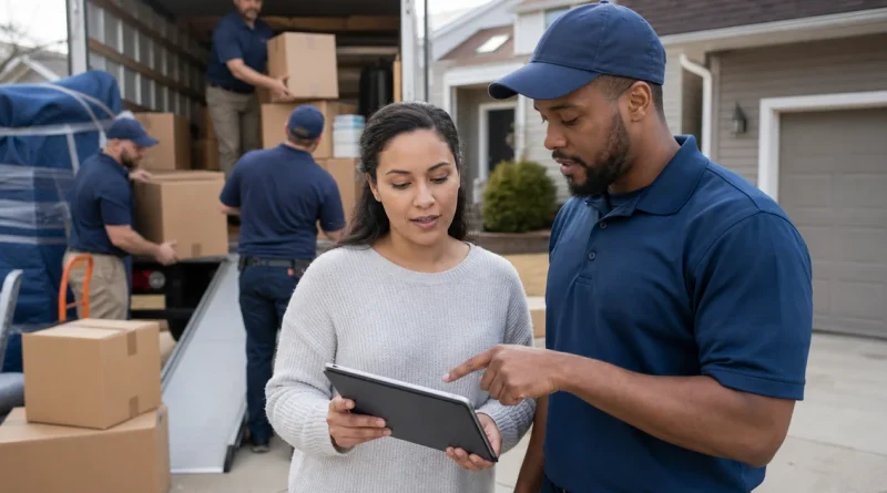 A homeowner and mover verify the estimate and inventory while a moving truck is being loaded