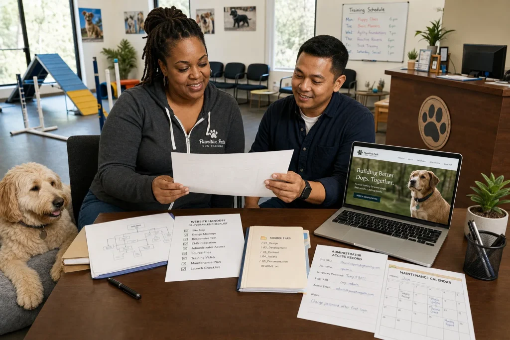 A dog-training business owner and web designer reviewing website deliverables, administrator access, source files, and maintenance responsibilities