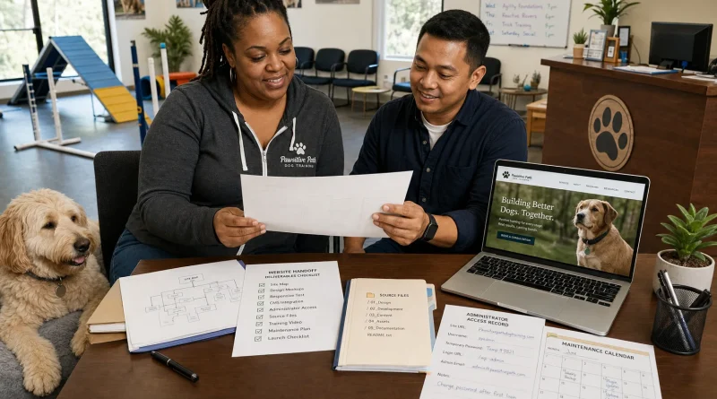 A dog-training business owner and web designer reviewing website deliverables, administrator access, source files, and maintenance responsibilities