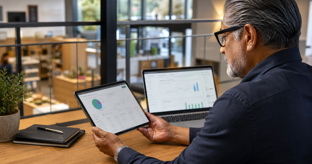 An experienced dispensary owner comparing marketplace results on a tablet and laptop