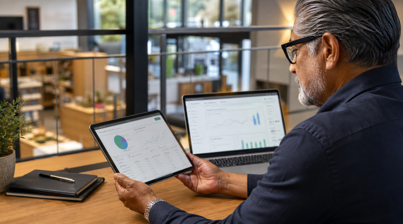 An experienced dispensary owner comparing marketplace results on a tablet and laptop
