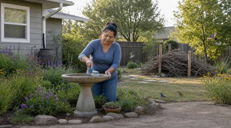 A Latina or Indigenous homeowner cleans a birdbath in a maintained native garden with birds and a brush shelter nearby