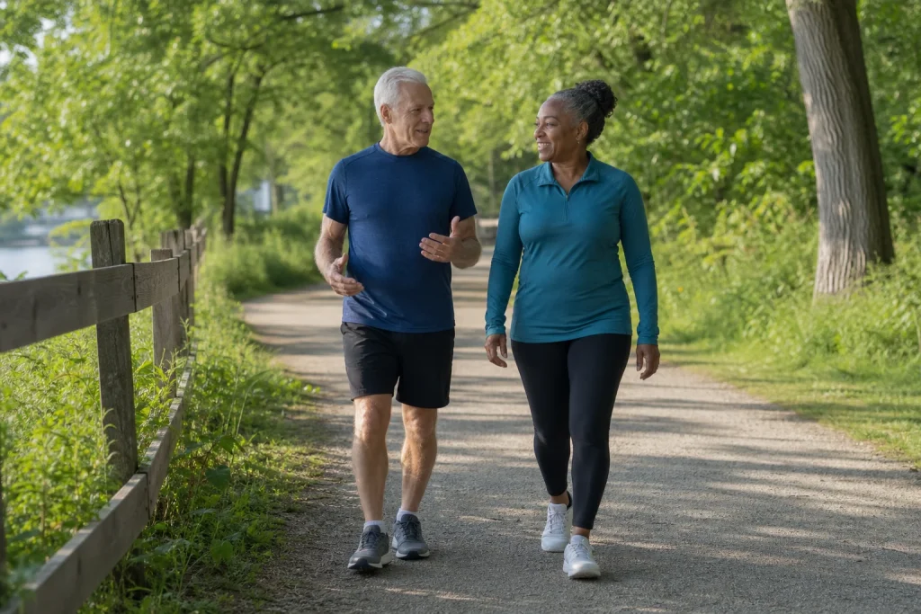 Two older adults talk comfortably while taking a brisk walk on a neighborhood trail