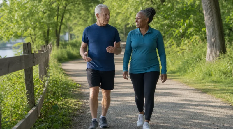 Two older adults talk comfortably while taking a brisk walk on a neighborhood trail