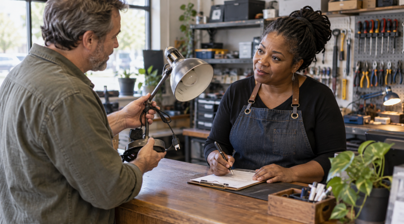 A repair-shop owner listens to a customer describing a broken lamp.