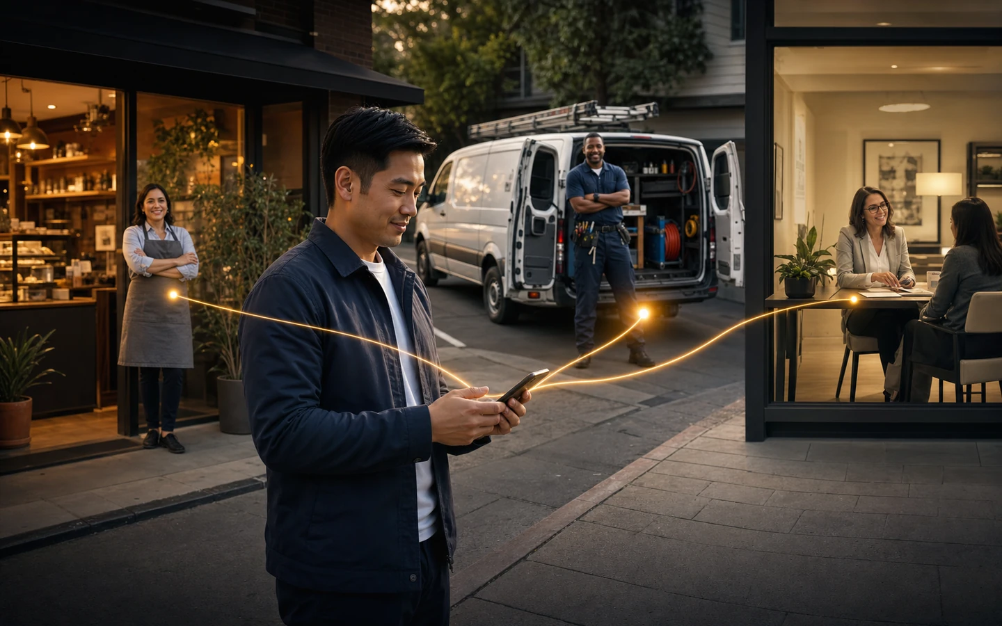 A customer discovering local businesses through the Live Minder Connect marketplace