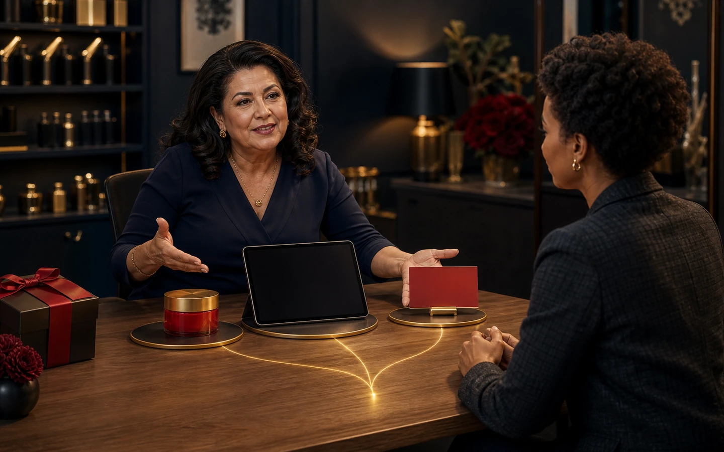 A customer choosing among a business product, service, and special offer